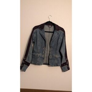 Ethyl Vintage‎ Denim Blazer Jacket Blue Black Suede Studded Rhinestone Small